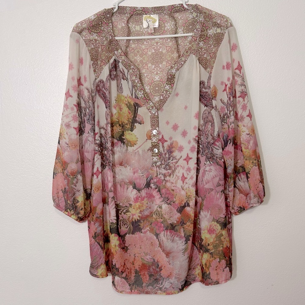 Fig & Flower By Anthropologie Womens Sheer Floral Print Blouse Country Chic